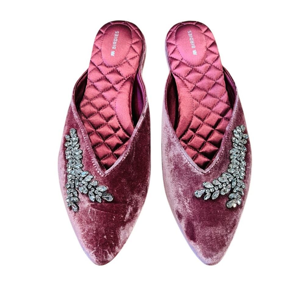 Birdies The Swan Pink Velvet Jeweled Pointed Toe Slip On Mules Size 9.5 NWOB